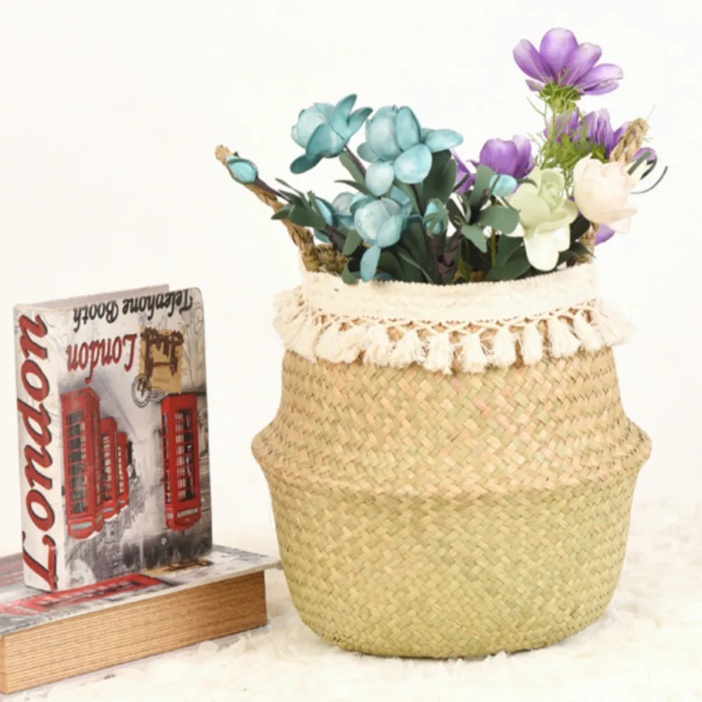 

2020 Handmade Wicker Storage Basket Foldable Laundry Straw Patchwork Wicker Rattan Seaweed Side Flower Pot Basket