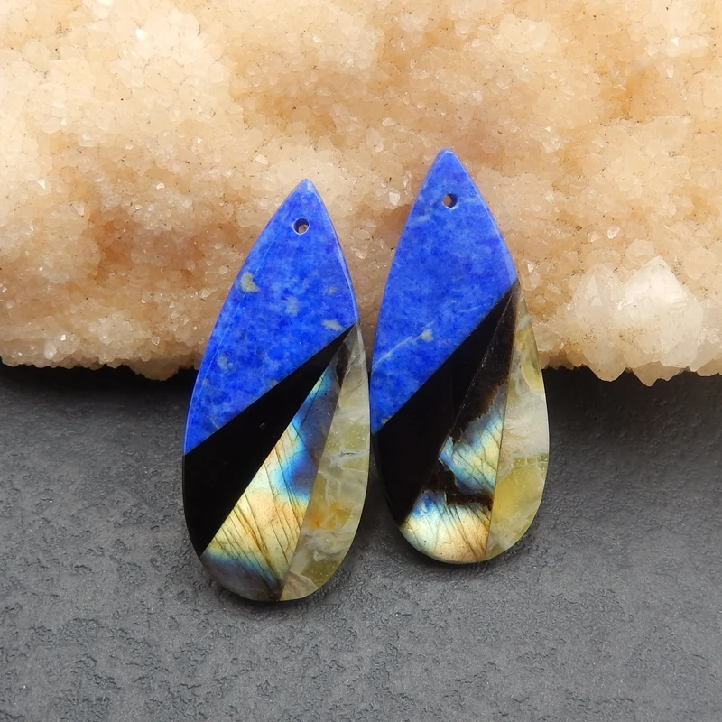 

Natural Lapis Lazuli Labradorite Yellow Opal with Obsidian Intarsia Teardrop Earrings Bead, 39x17x5mm,8.9g