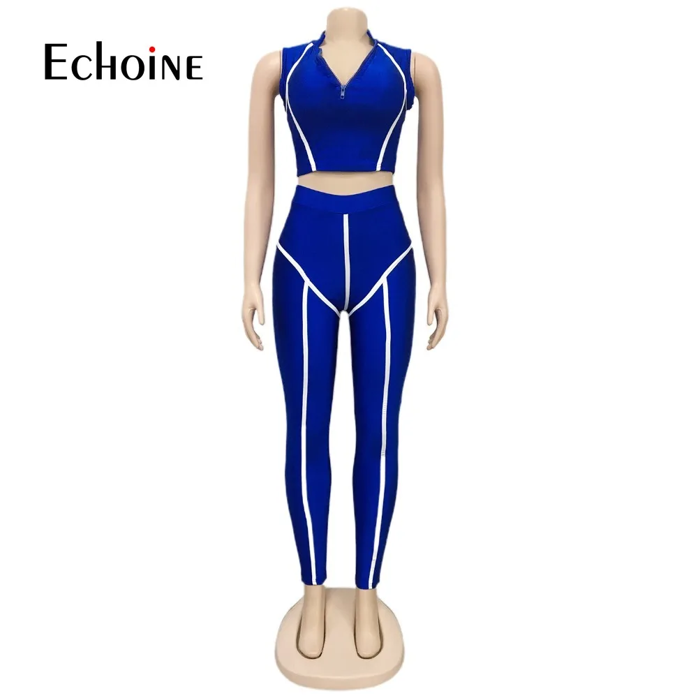 

Echoine Women Sport Slim Solid Two Piece Set Sleeveless Skinny Crop Tops+Pants Suit Tracksuits Night Club Outfits 2 Pcs Street