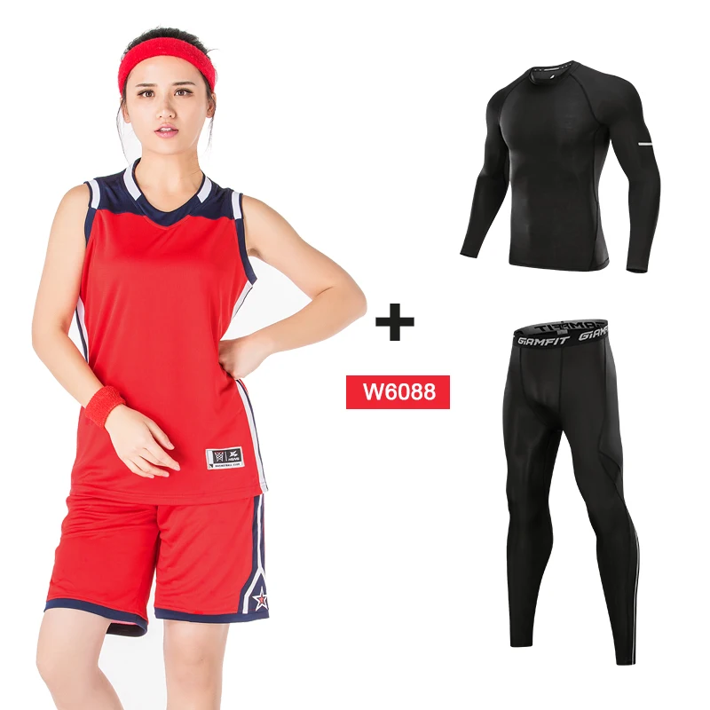 W6088 red suits Компрессионные спортивные костюмы для баскетбола, трико для бега, женские леггинсы для бега, одежда для фитнеса, тренажерного зала, трикотажные баскетбольные штаны, 4 шт - Цвет: W6088 red suits