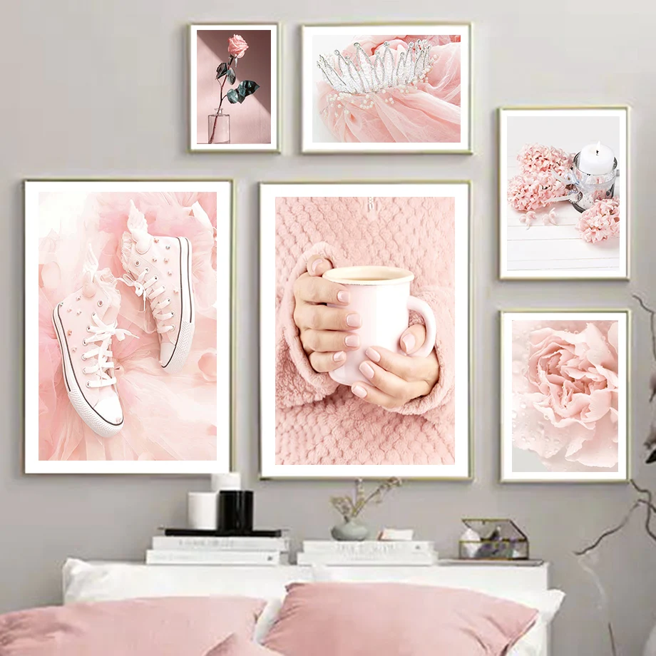 

Pink Romantic Candle Rose Flower Shoe Headset Wall Art Canvas Painting Nordic Posters And Prints Wall Pictures Living Room Decor