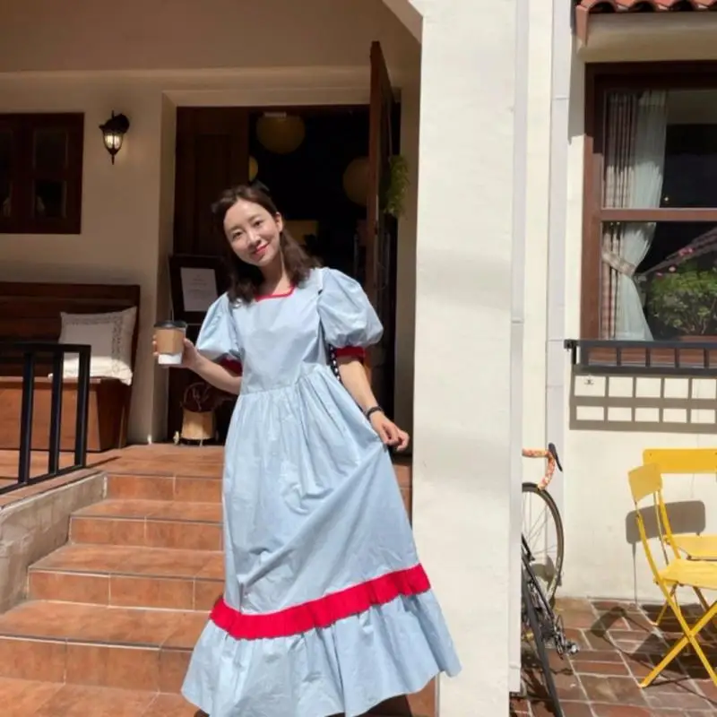 

Women Dress High Waist Contrast Loose Bubble Sleeve Ruffle Dress Square Neck Flowy Swing Sweater Dress