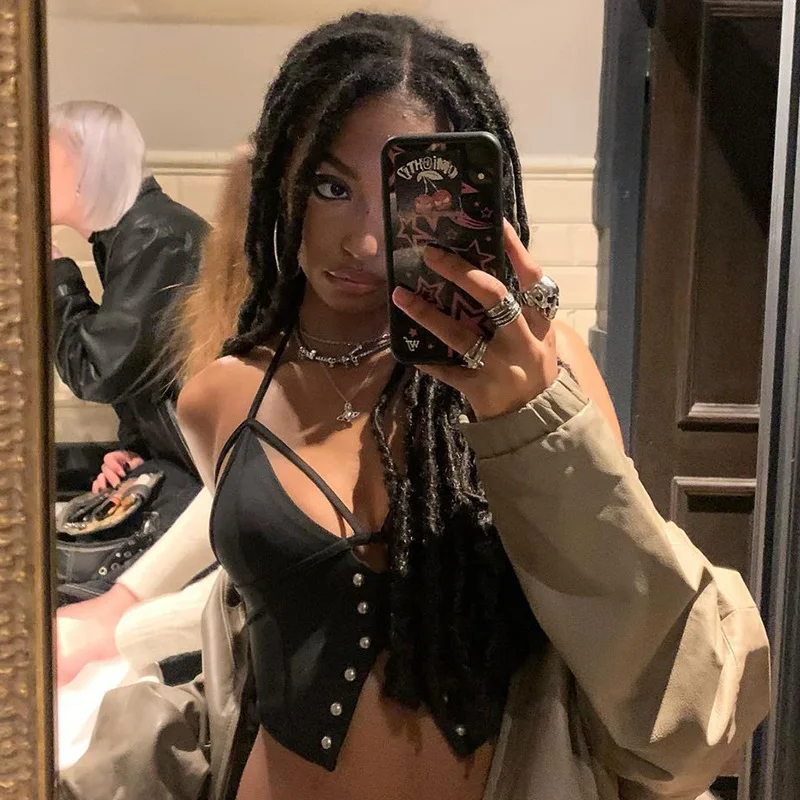 

2021 summer new women's sexy high street solid color sleeveless lace up hanging neck exposed navel suspender women's top