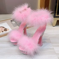 2020 new 4 color feather thick high heels platform sandals women 14cm 17cm heels shoes female summer hair wedding pumps ws311