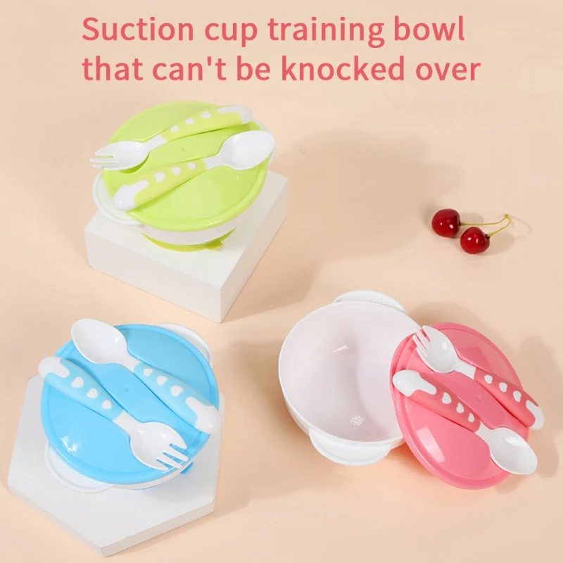

Baby Kids 3PCS Anti-slip Double Ear Sucker Feeding Bowl Lid+Spoon+Fork Kids Training Dishes Infant Food Supplement Tableware Hot