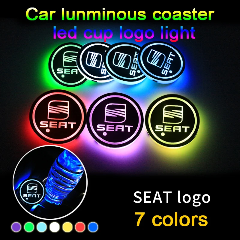

2Pcs For Seat Alhambra Ibiza Leon Mii Toledo Altea Cordoba Ateca Arosa Car Logo LED Cup Holder Pad RGB Water Mat Coaster Light