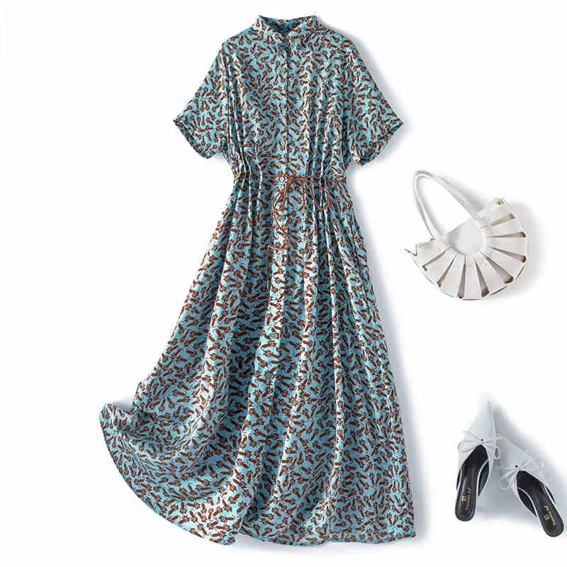 

Женское летнее модное платье с коротким рукавом, синее цветочное шифоновое платье трапециевидной формы с высокой талией, Женская длинная ю...
