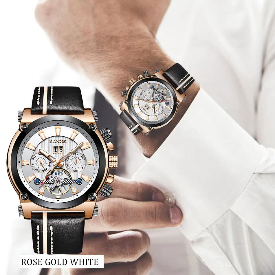 2019 Новинка LIGE модные кожаные автоматические механические часы мужские военные