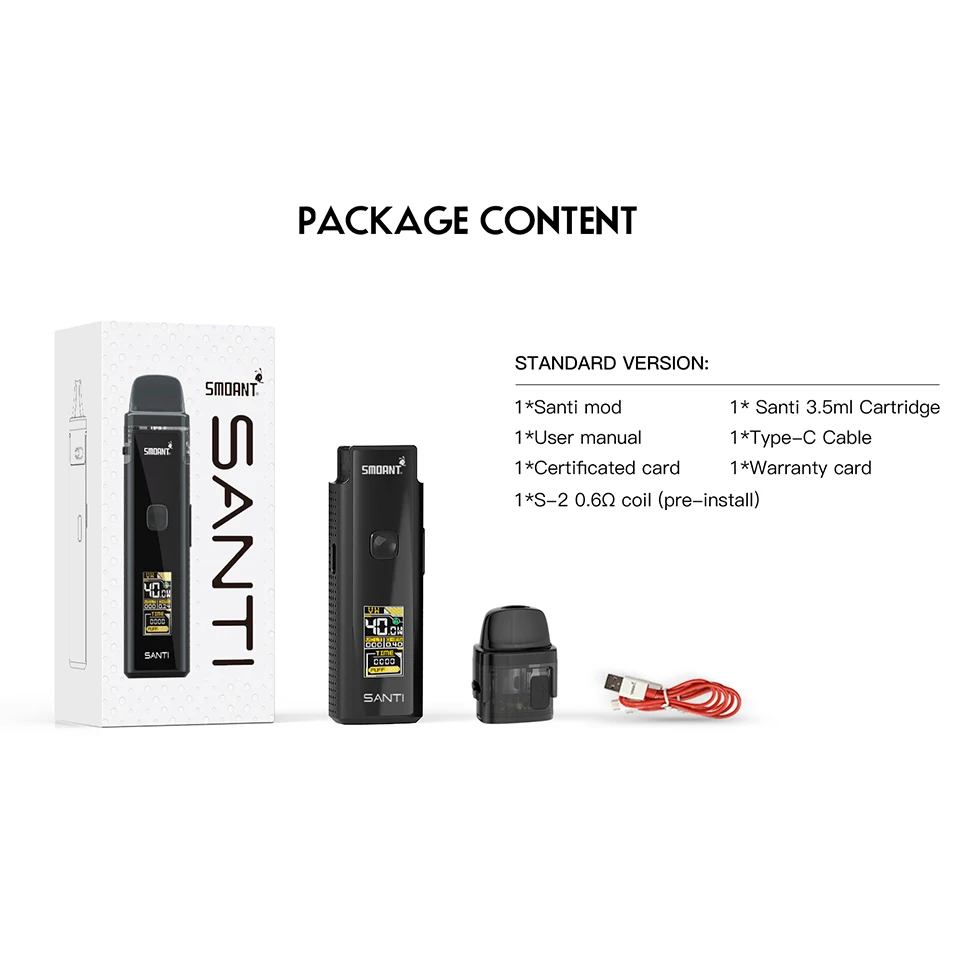 Оригинальный набор Smoant Santi Pod 40 Вт 1100 мАч с картриджем 3 5 мл DL/RDL/MTL Стандартный