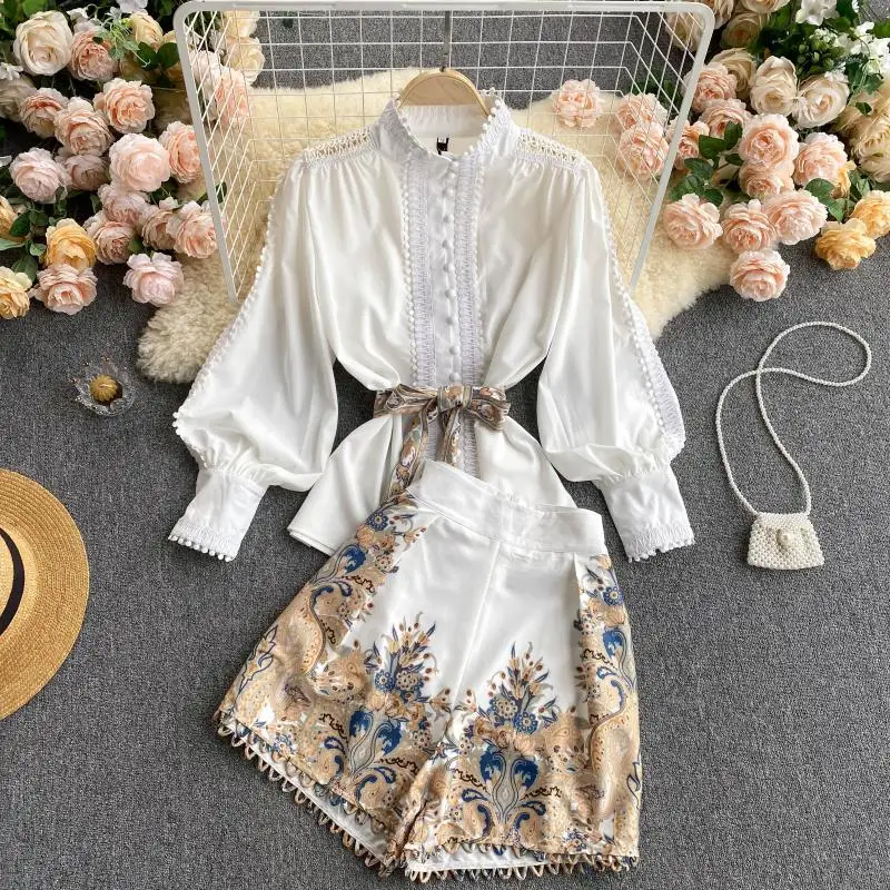 

Amolapha Women Fashion Short Pant Clothes Sets Puff Sleeve OL Shirt+Printed Wide Leg Mini Trousers Suits Plus Size Outfit