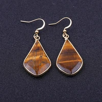 exquisite women natural stone collection gold edged diamond shaped drop earrings malachite rose quartz stone dangle earrings