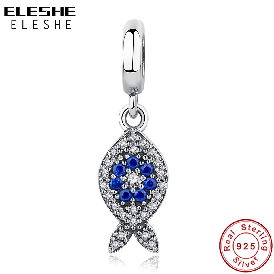 Подлинный eleshe, бусины из стерлингового серебра 925, голубой кристалл, удачная Рыбка, бисер, подходит для оригинальных браслетов и браслетов, подвеска, сделай сам, ювелирное изделие
