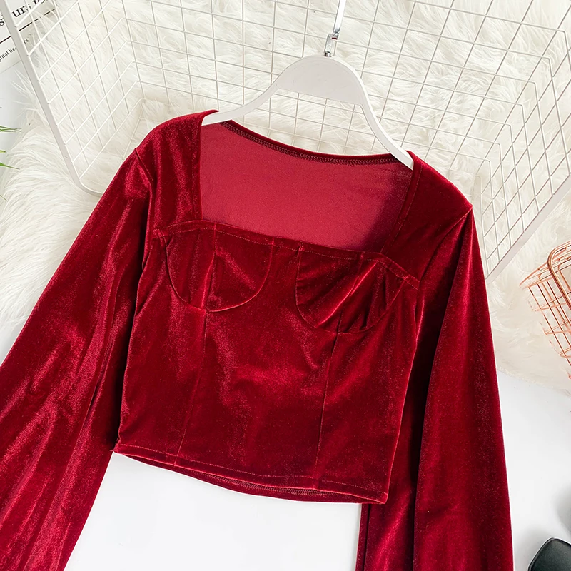 Новый укороченный топ Женская бархатная футболка с квадратным воротником и