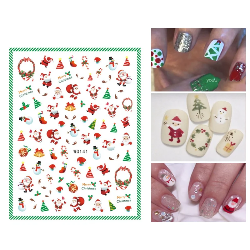 

10PCS 3D Christmas Nail Sticker Santa Claus Elk Wreath DIY Nail Slider Snowflake Self-adhesive Nail Art Applique Decoration