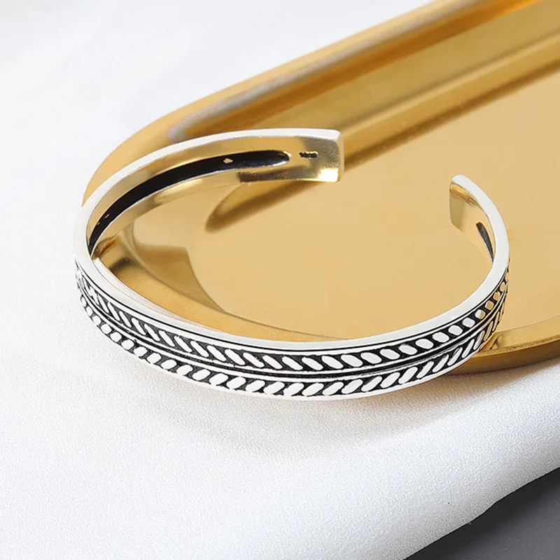 

925 Sterling Sliver Silver Color Vintage Decorative Leaves Pattern Open Bracelet Bangle For Women Men