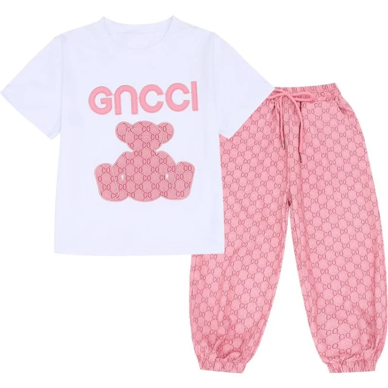 

2021 family matching outfits Brand Luxury Design Letter bear Family clothing sets O-Neck T-Shirt & pant 2pcs baby girls clothes