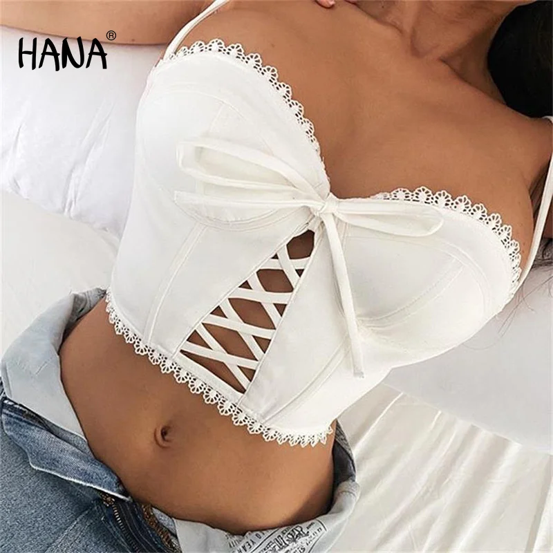 

Summer Women's Sexy Crop Cami Top Spaghetti Strap Sleeveless Lace Up Hollow Out Slim Fit Camisole Female White Camis Tanks Top