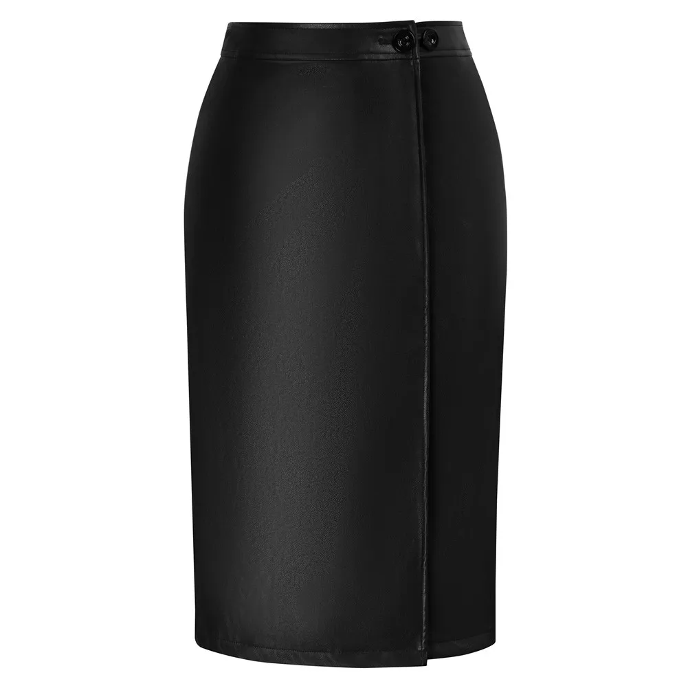 

Kate Kasin Womens Fashion Faux Leather Skirt with Slit High Waist Business Skirt ​Midi Office Lady Workwear A30