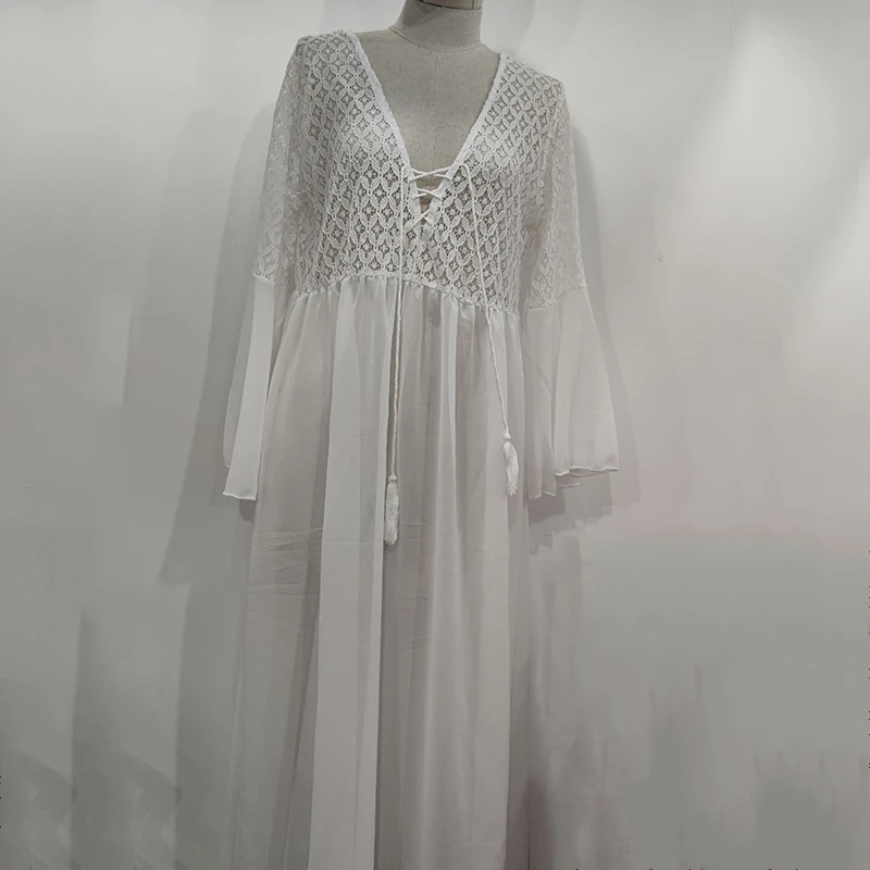 Платье женское кружевное с длинным рукавом V-образным вырезом кисточками в стиле