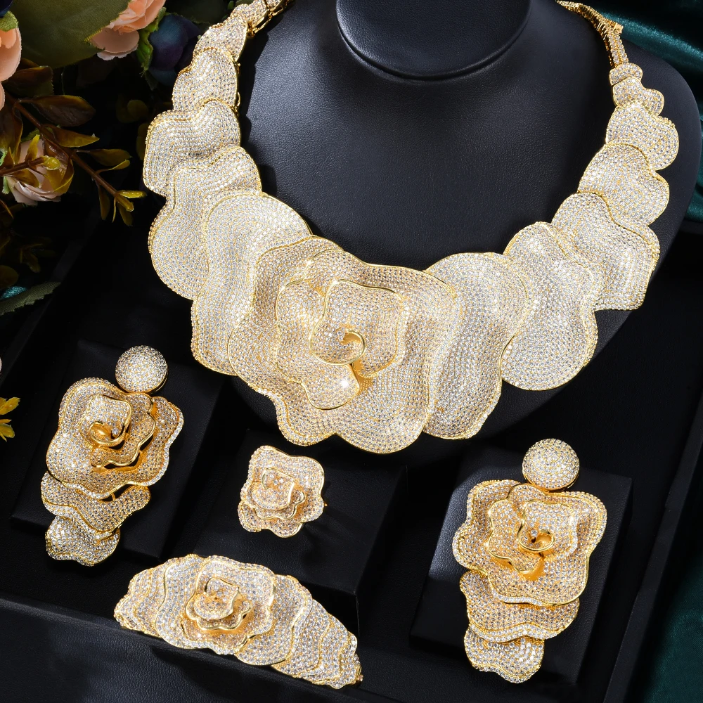 

GODKI 4 шт. большие модные роскошные цветы Африка набор украшений для женщин Свадебная вечеринка кубический цирконий Дубай Свадебные украшени...