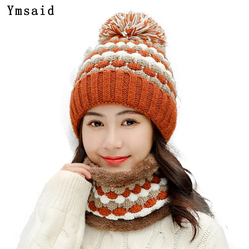 Новая зимняя женская Лыжная Шапка Шарф комплект вязаные теплые шапочки с тремя
