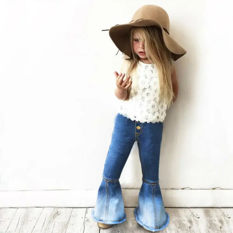 Модные джинсы с широкими штанинами для маленьких девочек длинные