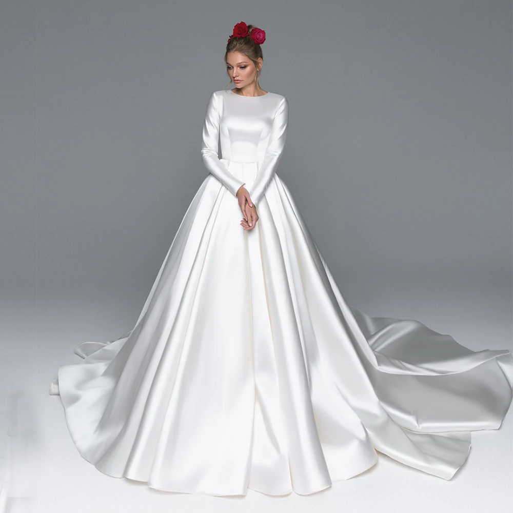 

Sparkle Scoop Full Sleeve Wedding Dresses with Satin A-Line Floor-Length Button Back Sweep Train White Bridal Gowns 2021 Summer