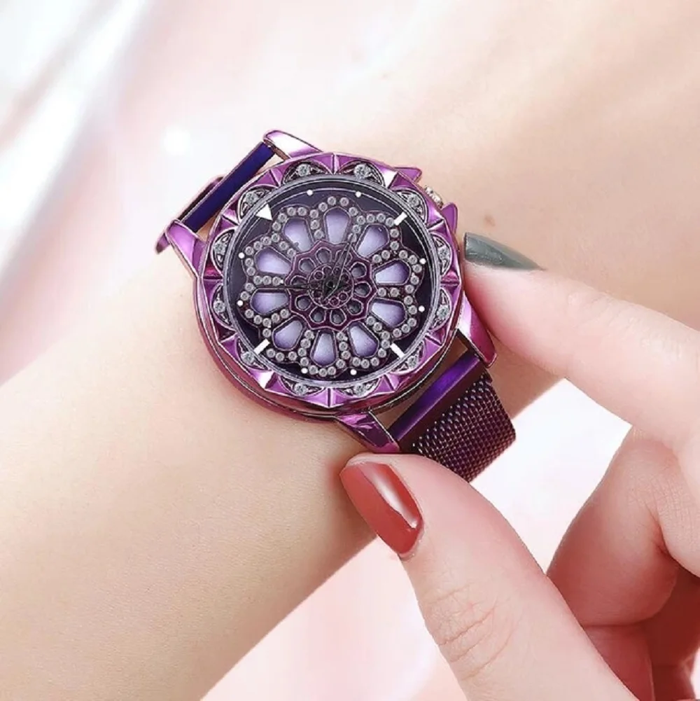 

Reloj Mujer Gaiety Ladies Trendy Brand Diamond Dial Starry Sky Rotate For Good Luck Watch Stainless Steel Mesh Magnetic Strap