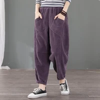 2022 solid color corduroy trousers ladies retro high waist harem pants warm casual loose womens winter clothing h04