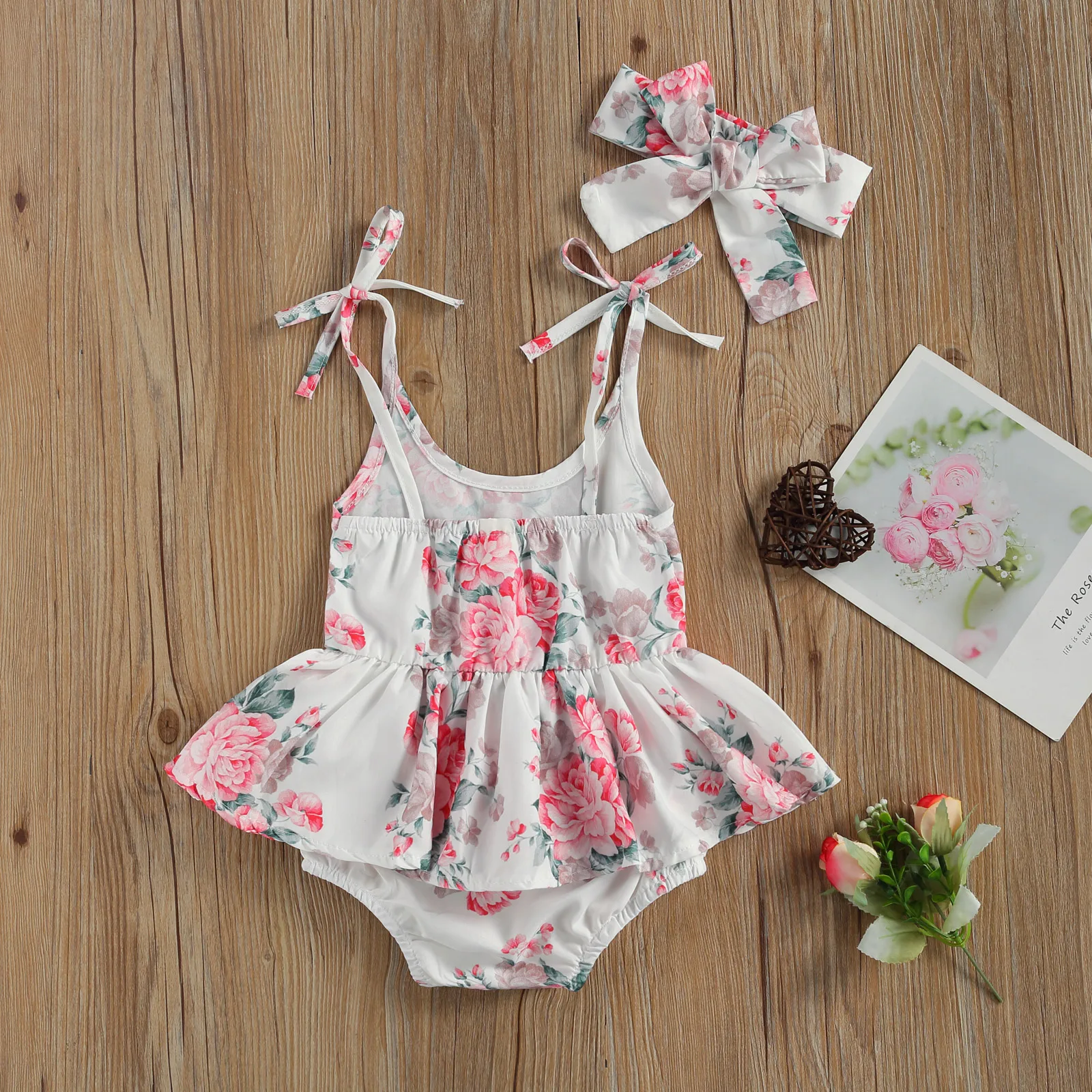 

2021 New Summer 0-24M Baby Girl 2Pcs Set Pink Floral Print Dress-Style Bows Spaghetti Straps Sleeveless Bodysuit+Headband