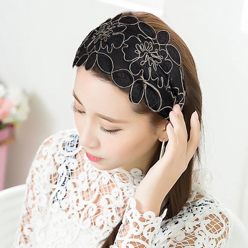 Кружевная повязка на голову с цветами широкая Женская зубчатая Нескользящая