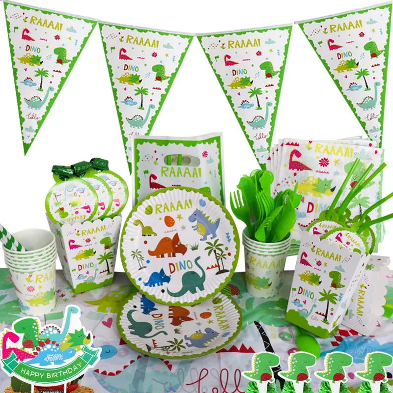 

Little green dinosaur Happy Birthday Holiday Party Disposable Tableware Supplies Baby Show Paper Plate Cup Paper Towel BAG