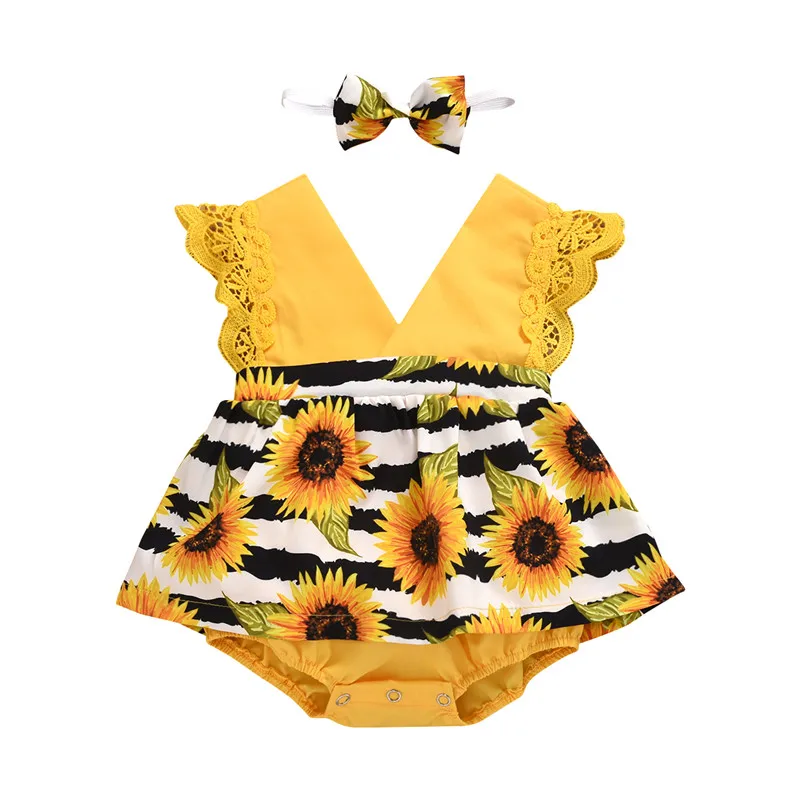 Комбинезон для новорожденных девочек с кружевным рукавом и V образным вырезом