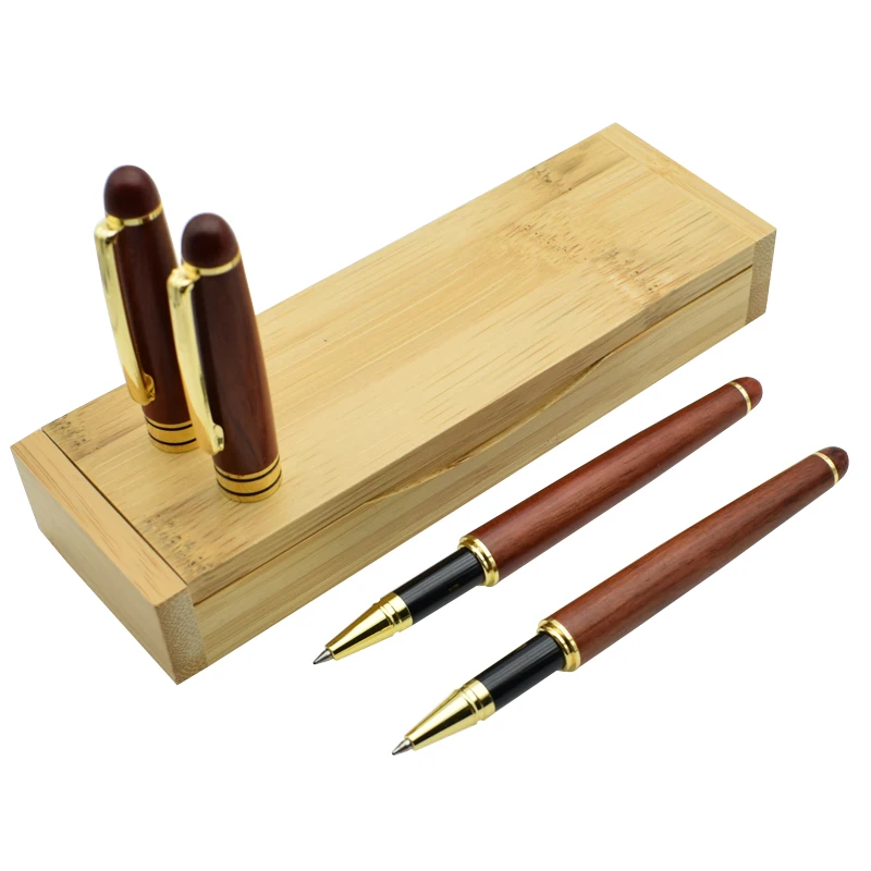 Один комплект 2 красное дерево гелевые ручки с подарочная шкатулка из бамбука