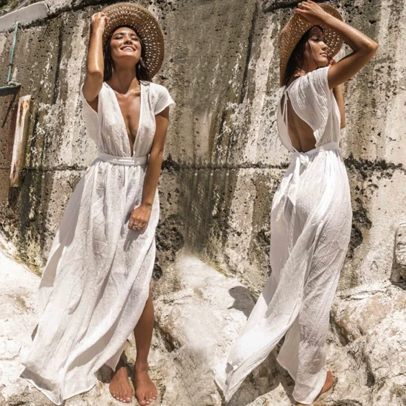 Женское пляжное платье с V образным вырезом белое богемное длинное открытой