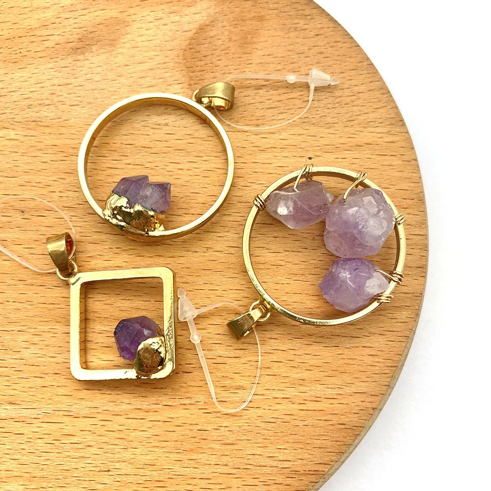 

2pcs/pack Natural Crystal Stone Pendants Round and Diamond Shape with Amethyst Stone DIY for Making Neckalce 26mm 30mm Size