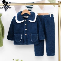 new 2021 kids boys girls autumn winter warm flannel pajama sets solid lapel pockets tops with pants baby sleeping clothing sets