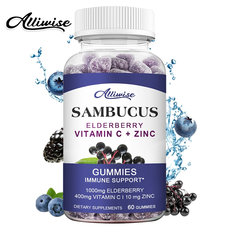 

Alliwise Elderberry Vitamin C ＆ Zinc Gummies Enhance Immune System Sleep Aid Stress Mood Relief Organic Diet Supplement Snacks