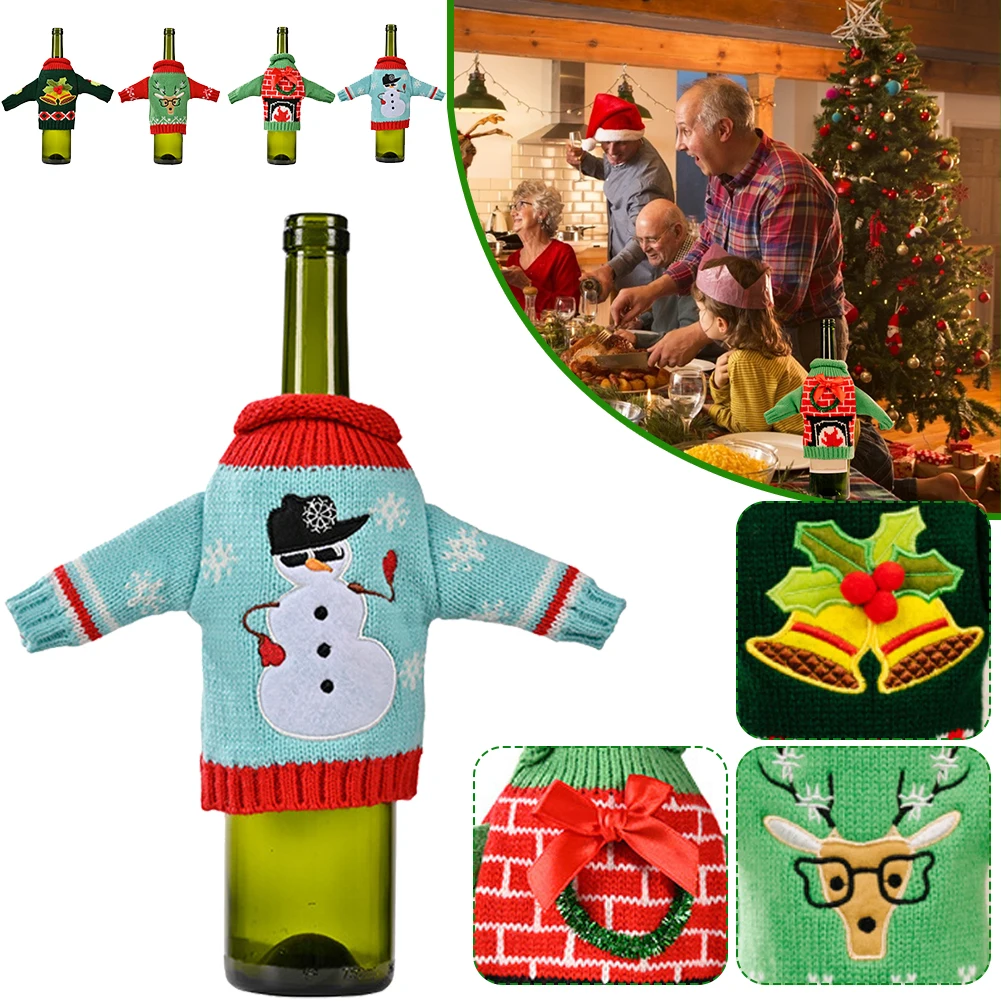 

New Design 1pc Knitted Snowman Moose Joy Tree 26x18 Cm Christma Wine Bottle Cover Bag Sleeve Garland Snowman Bell Elk Xmas Decor