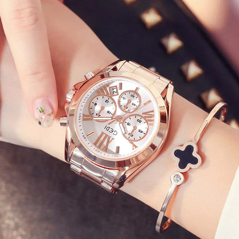

Лидер продаж 2021 Модные женские золотые часы розовые кварцевые часы из нержавеющей стали 10 цветов функциональный календарь водонепроницаем...