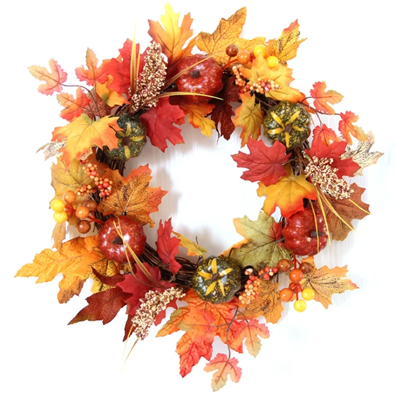 

40cm Halloween Wreath Pumpkin Berry Decoration Maple Leaf Artificial Wreath Front Door Home Decoration Thanksgiving Day