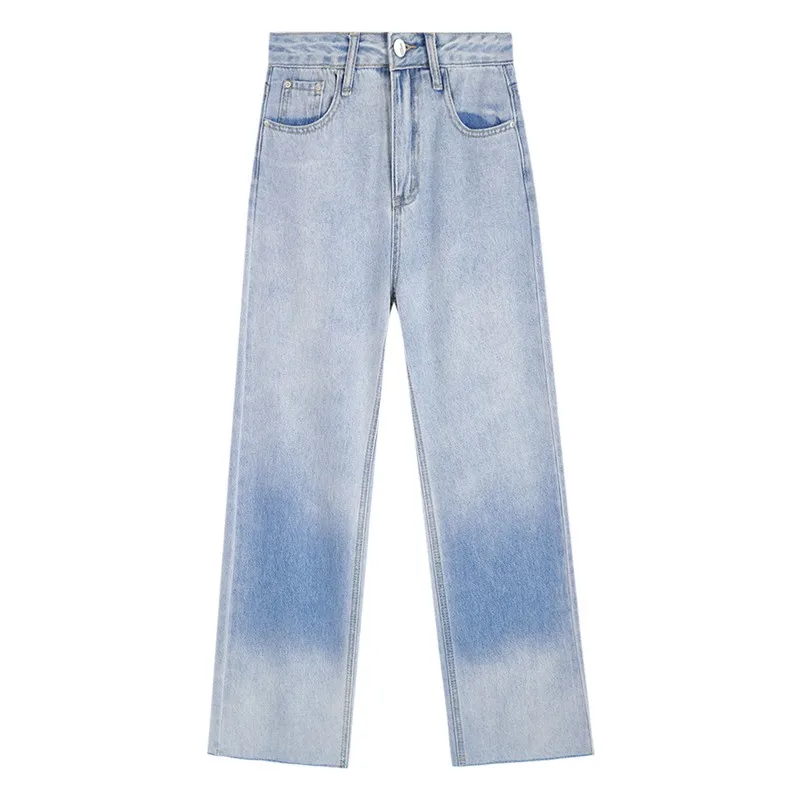 

2021 осенние женские джинсы с высокой талией, модные Мешковатые повседневные прямые джинсовые брюки, винтажные градиентные цветные широкие брюки из денима