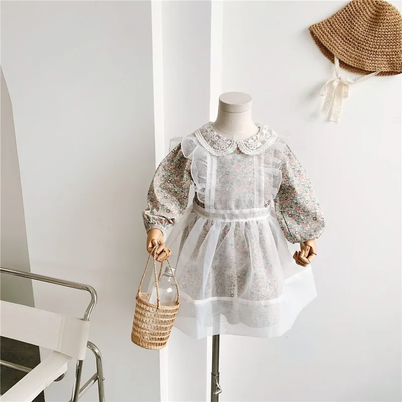 

Fall 2020 New Small and Medium-sized Children's Dress Boutique Shredded Flower Dress Lace Hollow Two-piece Dress Girl Set
