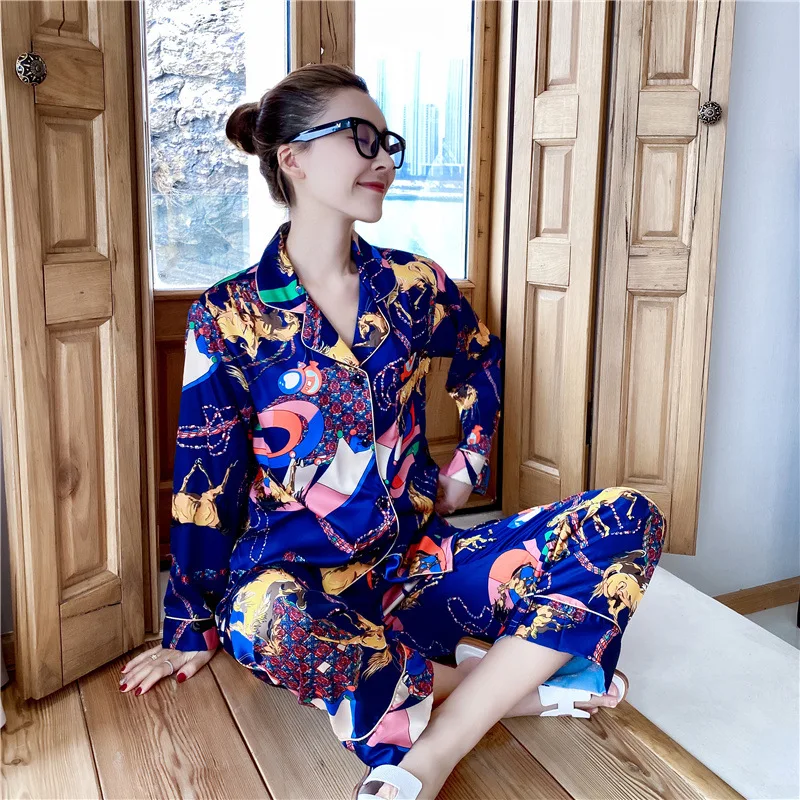 Женские атласные пижамы с длинным рукавом шелковые пижамные комплекты со