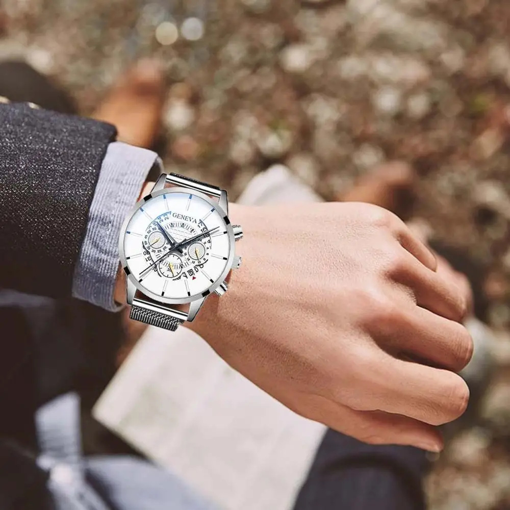 2020 Fashion Mens Business Casual Date Calendar Watches Luxury Blue Stainless Steel Mesh Belt Quartz Watch for Man Clock | Наручные часы