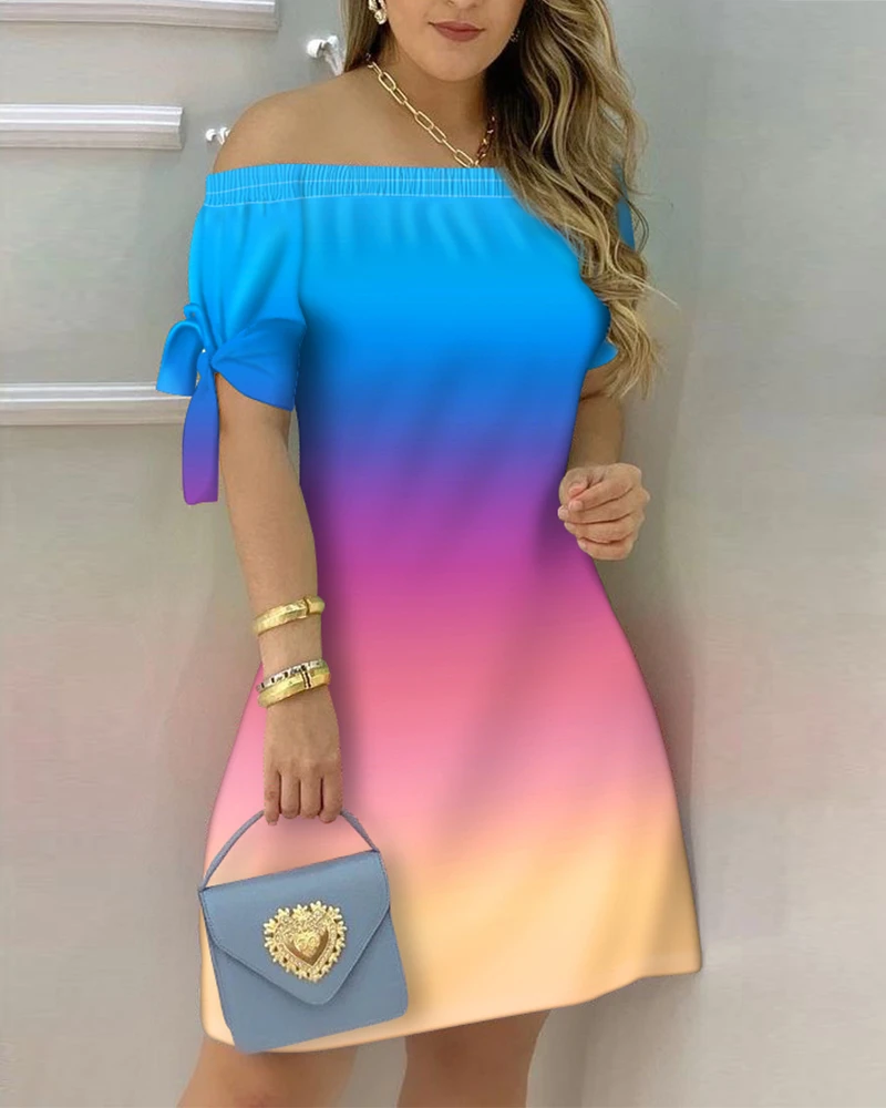

2021 New Striped Print Colorblock Off Shoulder Casual Dress Ombre Colorblock Off Shoulder Tie Detail Casual Dress