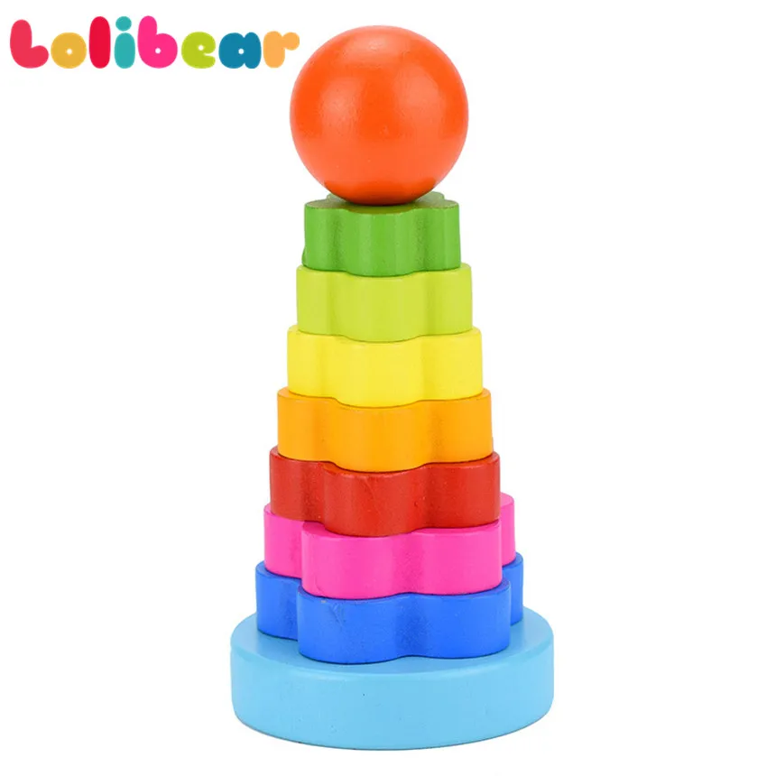 Монтессори Деревянные блоки Цвет Радуга Укладка кольцо башня образовательная