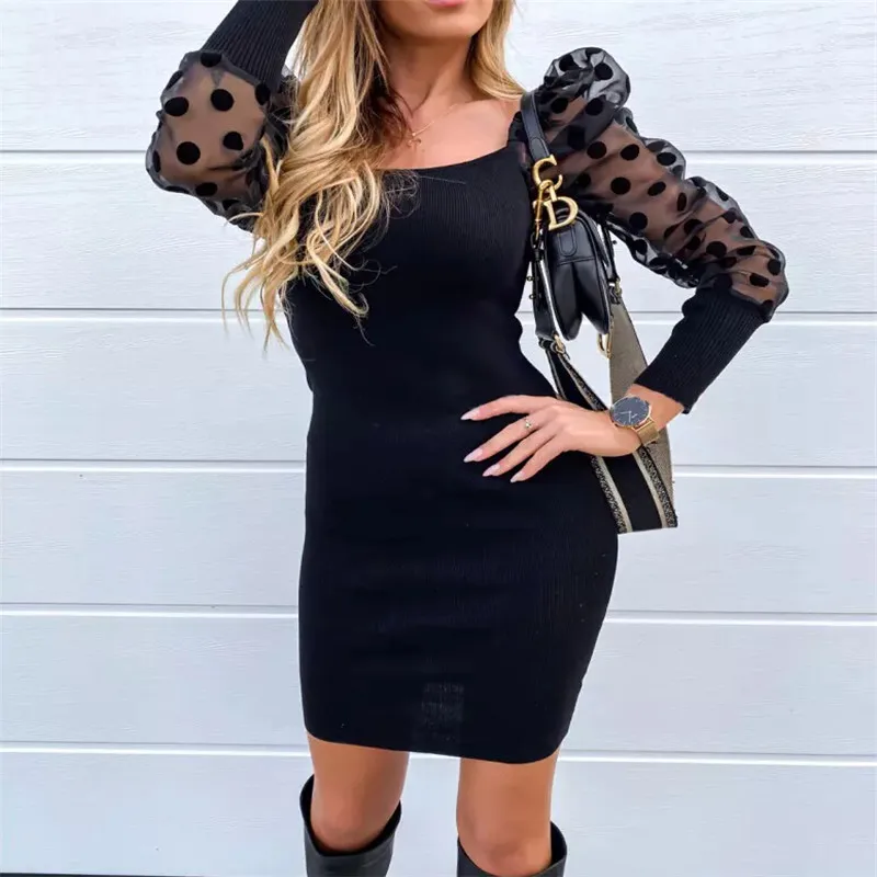 Модное женское однотонное сексуальное Сетчатое Прозрачное платье в горошек с