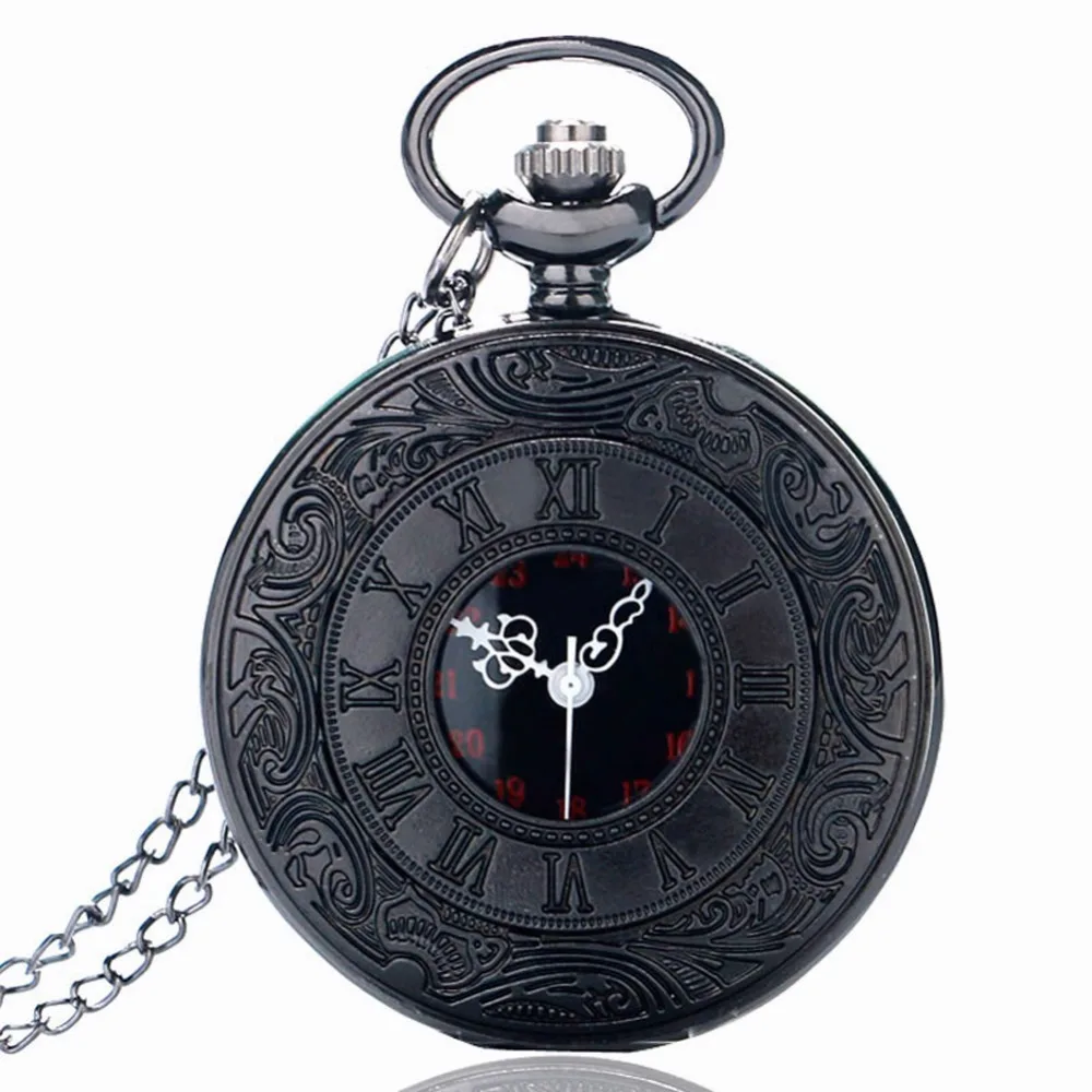 Черные кварцевые карманные часы с римскими цифрами, черный полый чехол в стиле стимпанк, винтажное ожерелье с кулоном, лучшие подарки для му...