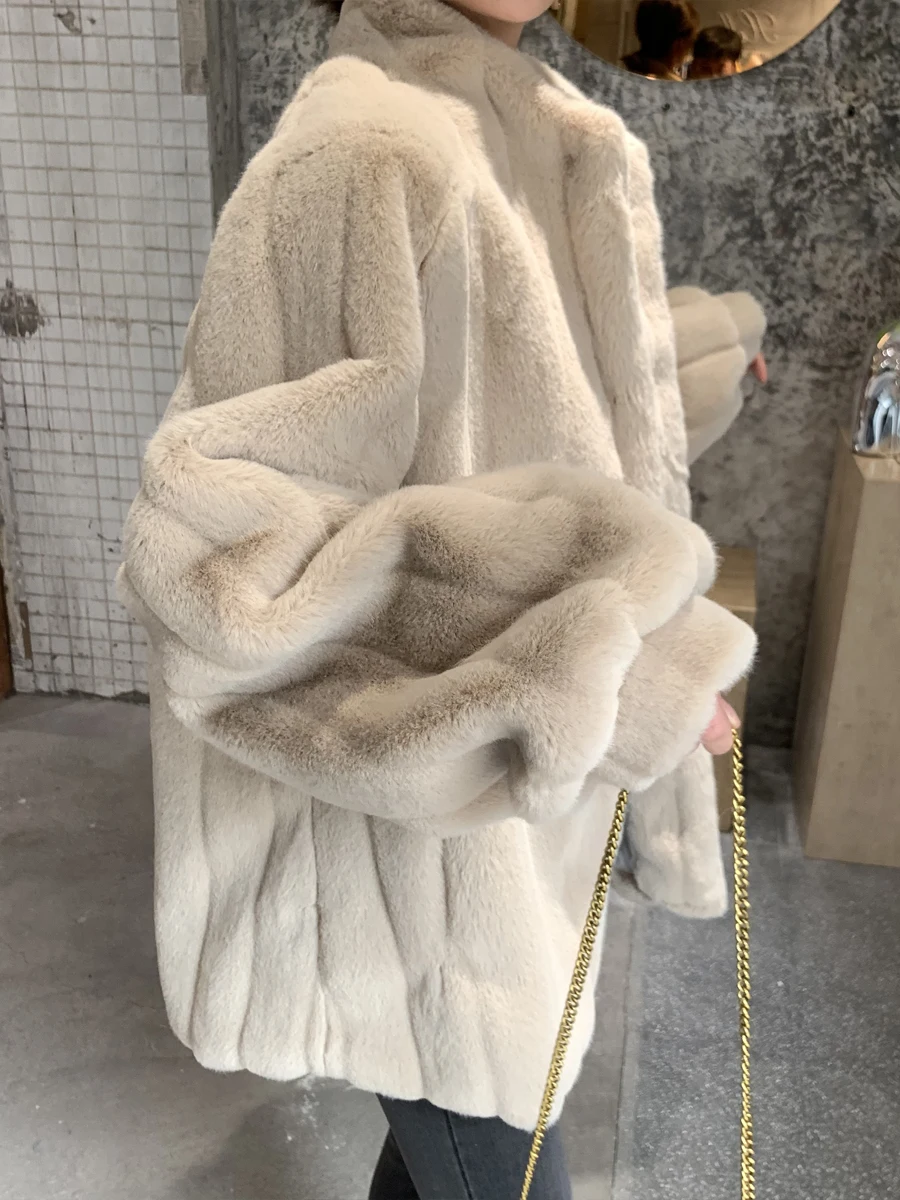 

Autumn Winter Imitation Rabbit Fur Grass Women's Mid-length Plush Jacket Loose Lamb Fur Coat Stand-up Collar Fur Coat Jackets